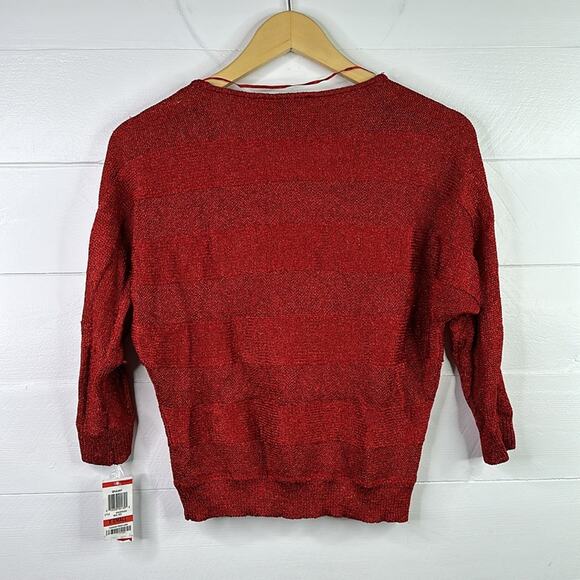 INC Red Metallic Sparkle Knit 3/4 Sleeve Sweater Pullover Sweatshirt Top Size XS - Picture 2 of 13